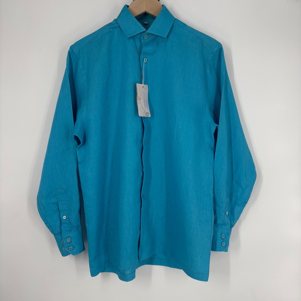 Bahia Sol Mens Turquoise Blue Linen Blend Long Sleeve Button Up Shirt Size M